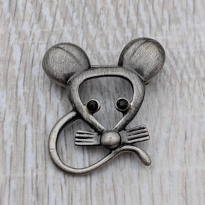 Brushed Silver Tone and Black Rhinestone Minimalist Mouse or Rat Outline Brooch