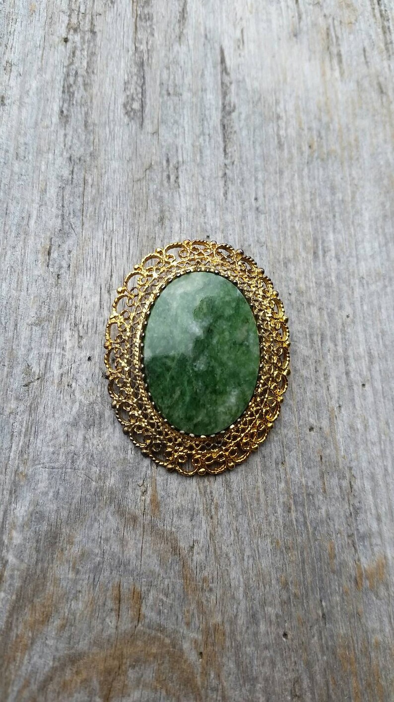 Midcentury Karen Lynne Sterling Silver Gold Vermeil and Nephrite Jade Brooch or Pendant