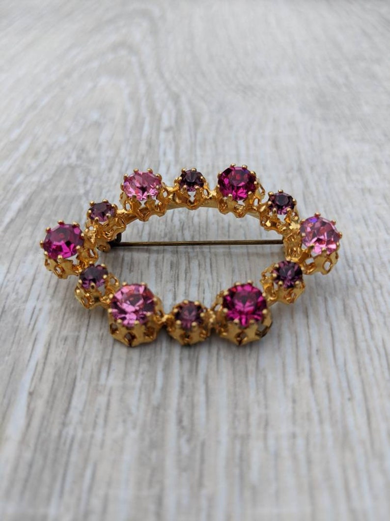 Shades of Pink and Purple Austrian Crystal and Gold Tone Metal Oval or Hexagon Brooch