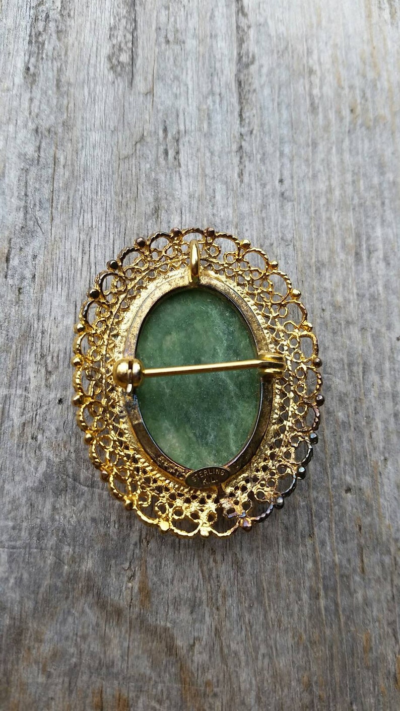 Midcentury Karen Lynne Sterling Silver Gold Vermeil and Nephrite Jade Brooch or Pendant