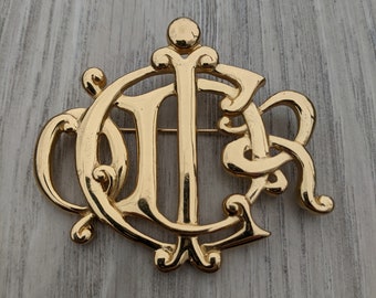 Christian Dior Gold Plated Monogram Statement Brooch - Etsy
