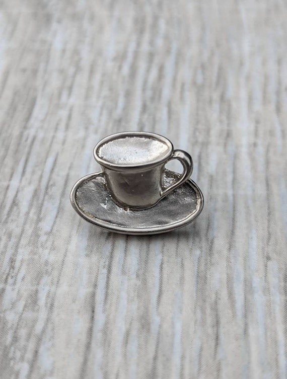 Tiny Pewter Teacup or Coffee Cup and Saucer Lapel Pin - Gem