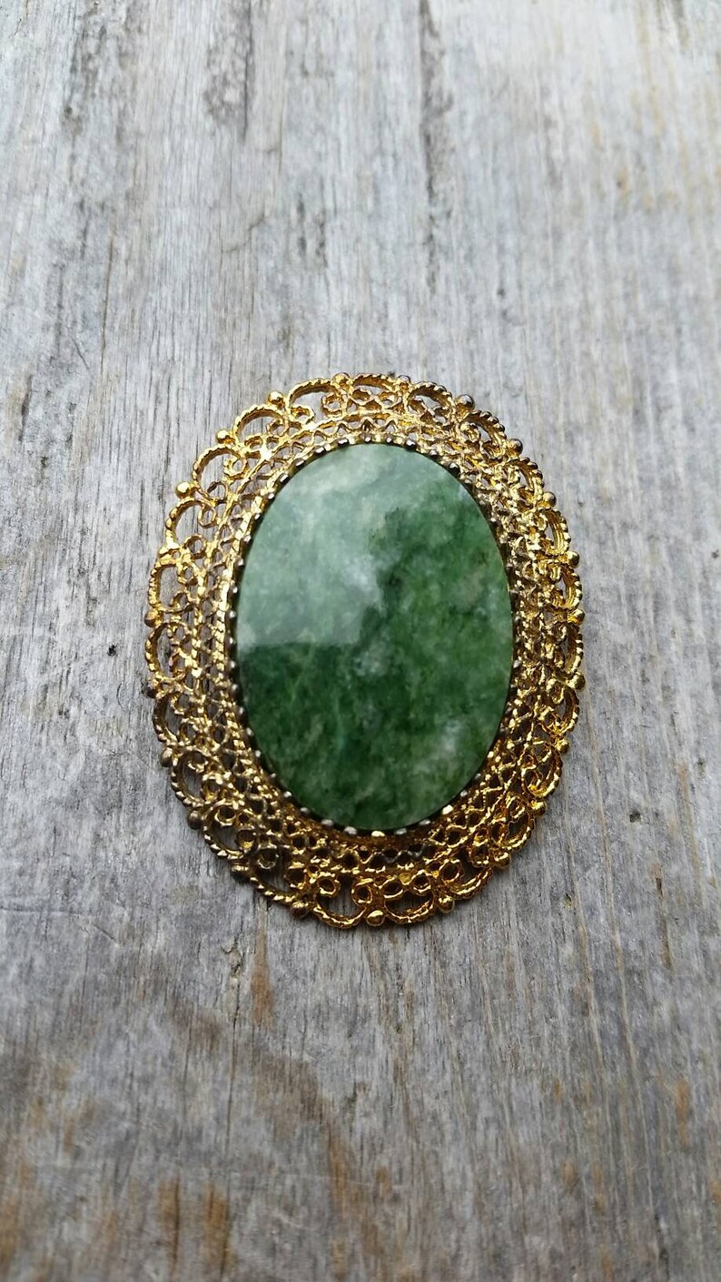 Midcentury Karen Lynne Sterling Silver Gold Vermeil and Nephrite Jade Brooch or Pendant