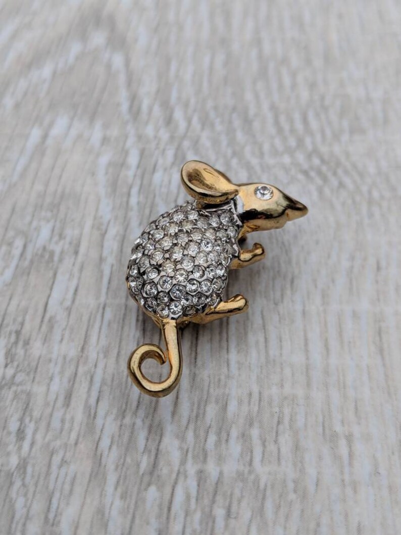 Pav\u00e9 Rhinestone and Gold Tone Mouse or Rat Brooch