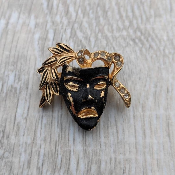 Black Enamel, Rhinestone, and Gold Tone Mardi Gras or Theater Tragedy Mask Brooch