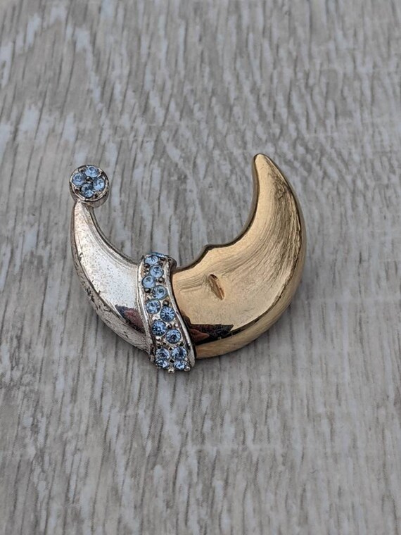 Sleepy Gold Tone Crescent Moon with Light Blue Rh… - image 5