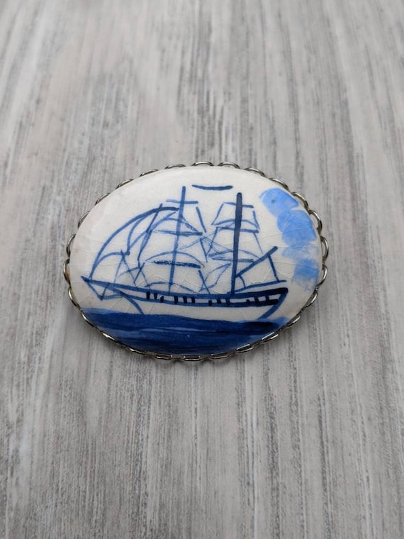 Hand-Painted Porcelain Blue and White Schooner Bro