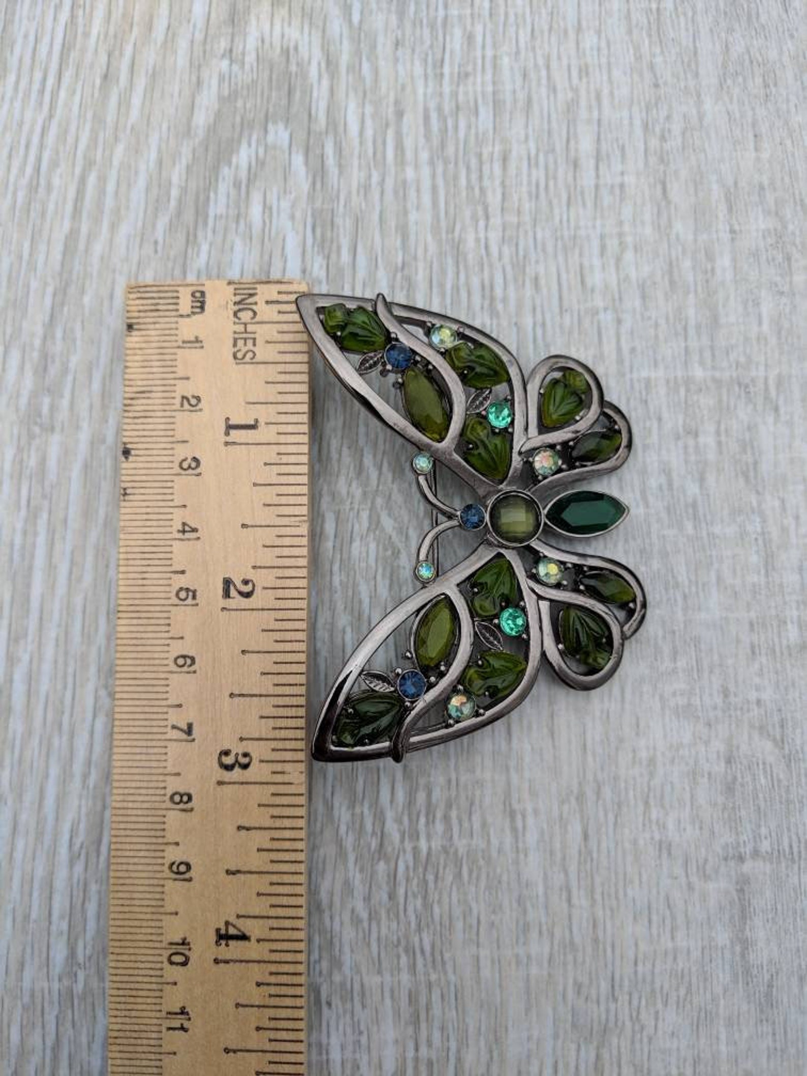 Gunmetal Grey Metal and Various Green and Blue Rhinestones and - Etsy