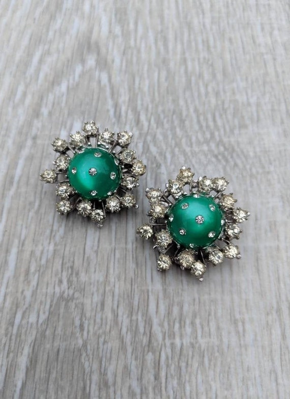 Pair of Luminous Kelly Green Glass Cabochon and Cl