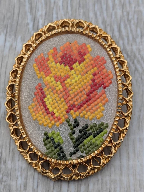 Faux "Cross Stitch" Fiery Orange, Yellow, and Red… - image 2