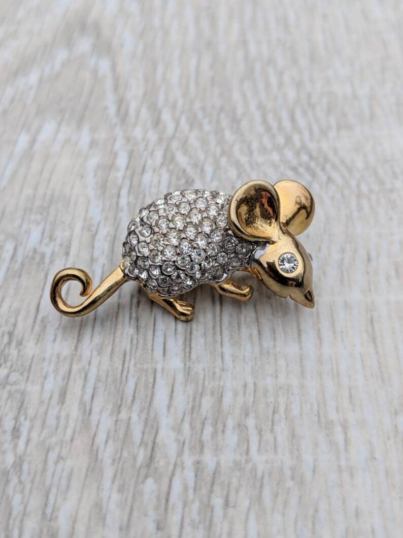 Pav\u00e9 Rhinestone and Gold Tone Mouse or Rat Brooch