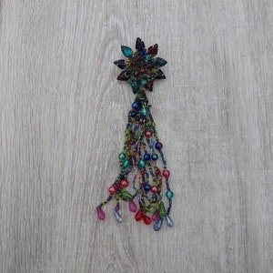 Large Rainbow Colored Rhinestone and Bead Starburst Tassel Dangle Brooch