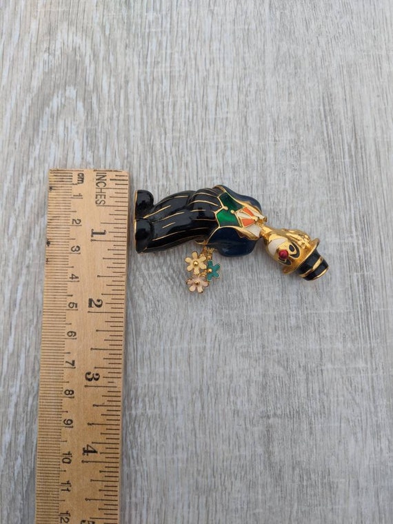 Colorful Enamel and Gold Tone Metal Clown in a Three Piece Suit with a Bouquet of Flowers Brooch View 3