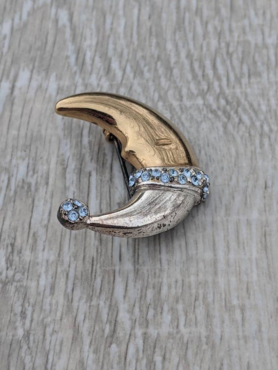 Sleepy Gold Tone Crescent Moon with Light Blue Rh… - image 6