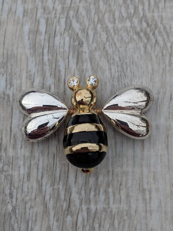 Enamel and Rhinestone Bee Trembler Brooch