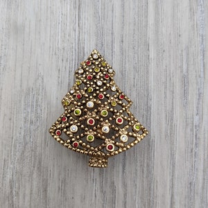 Olive Green, Brick Red, and Clear Rhinestone and Antiqued Gold Tone Metal Filigree Christmas Tree
