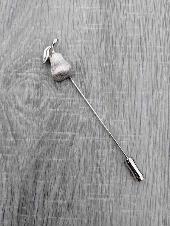 Crown Trifari Brushed Silver Tone Pear Stick Pin - image 2
