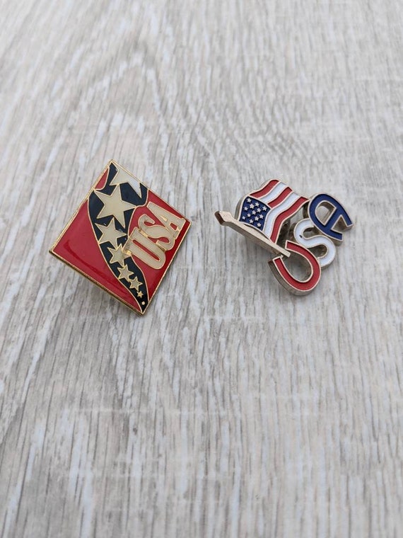 Pair of Red, White, and Blue Enamel and Metal USA… - image 8