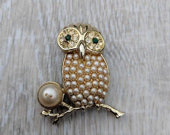 Sarah Coventry Faux Pearl and Rhinestone Owl on a Tree Branch Brooch