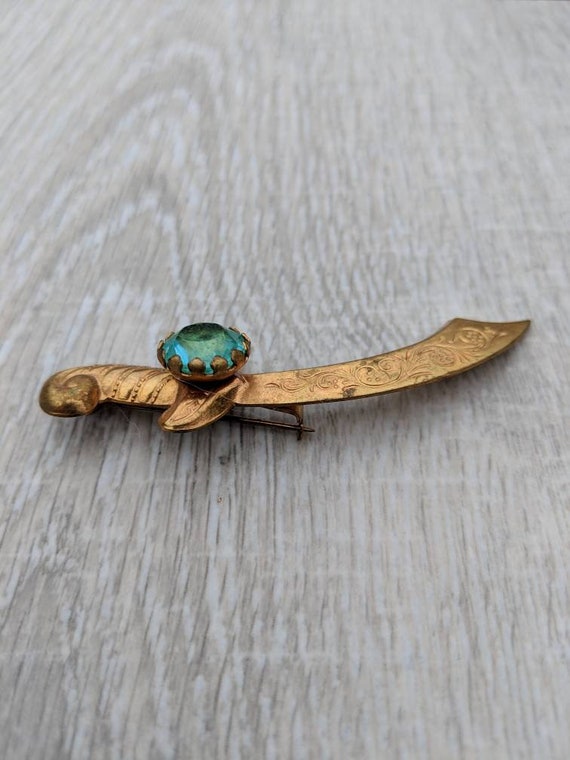 Aqua Rhinestone and Gold Tone Scimitar Brooch - image 5