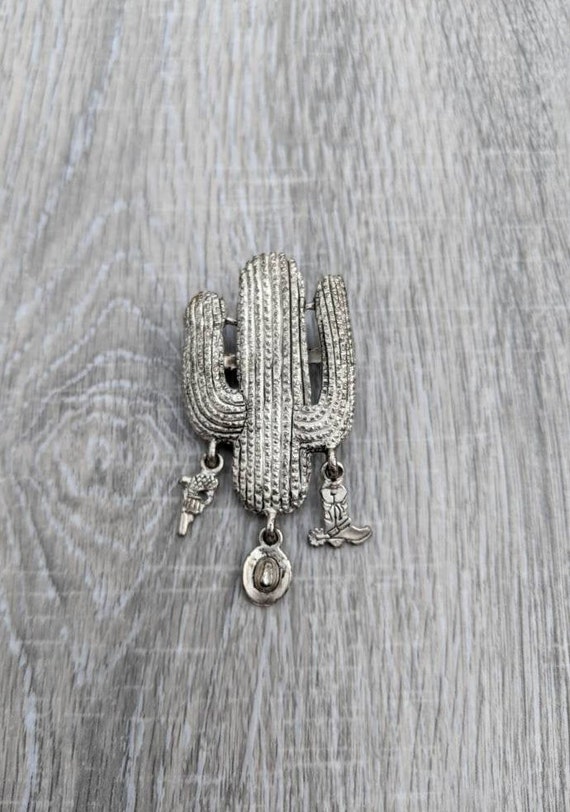 Silver Tone Metal Saguaro Cactus with Cowboy Hat, 