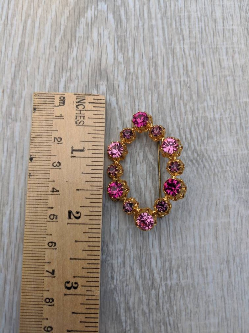 Shades of Pink and Purple Austrian Crystal and Gold Tone Metal Oval or Hexagon Brooch