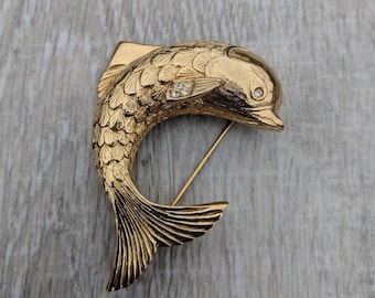 Rhinestone and Gold Tone Leaping Fish Brooch