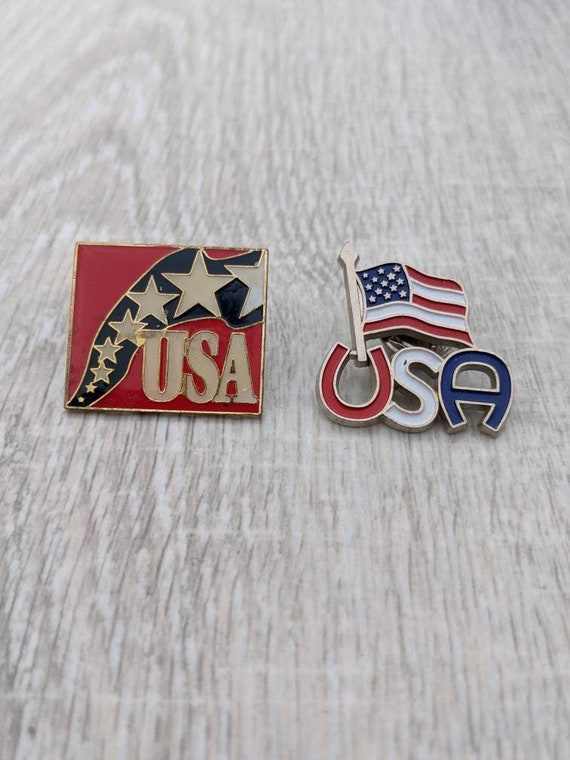 Pair of Red, White, and Blue Enamel and Metal USA… - image 9