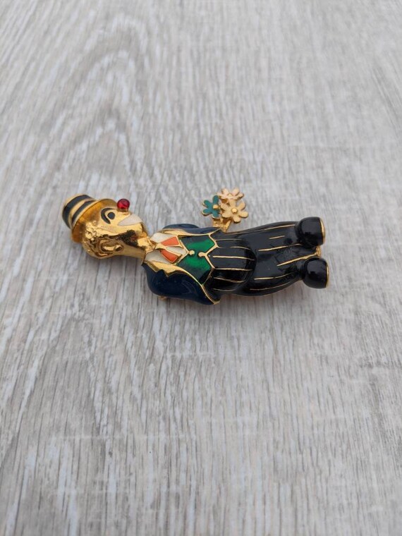 Colorful Enamel and Gold Tone Metal Clown in a Three Piece Suit with a Bouquet of Flowers Brooch View 5