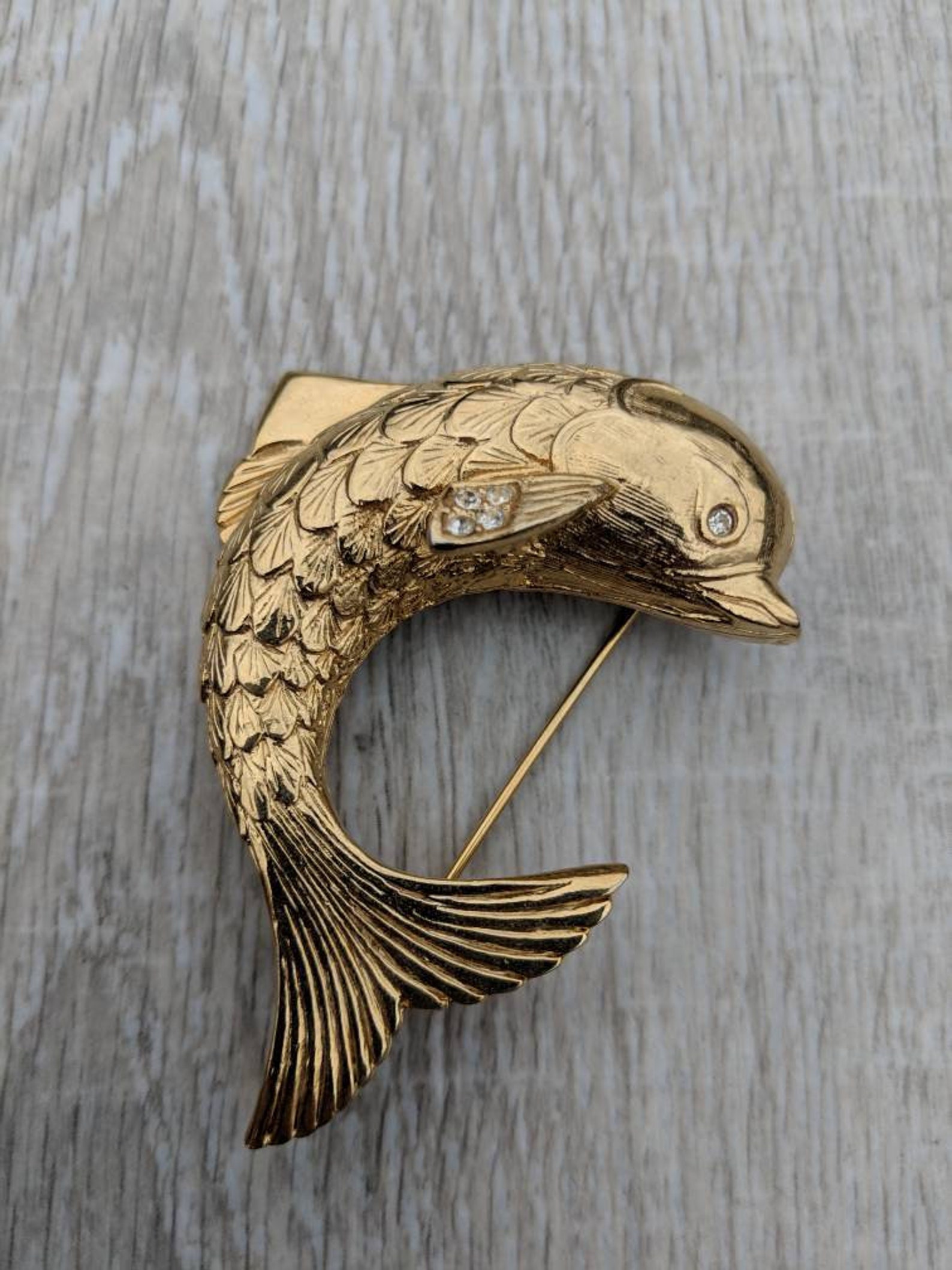 Rhinestone and Gold Tone Leaping Fish Brooch - Etsy