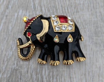 Glossy Black and Red Enamel and Aurora Borealis Rhinestone Elephant Brooch