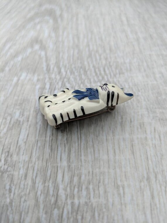 White Resin Cat with Black Stripes and a Navy Blu… - image 7