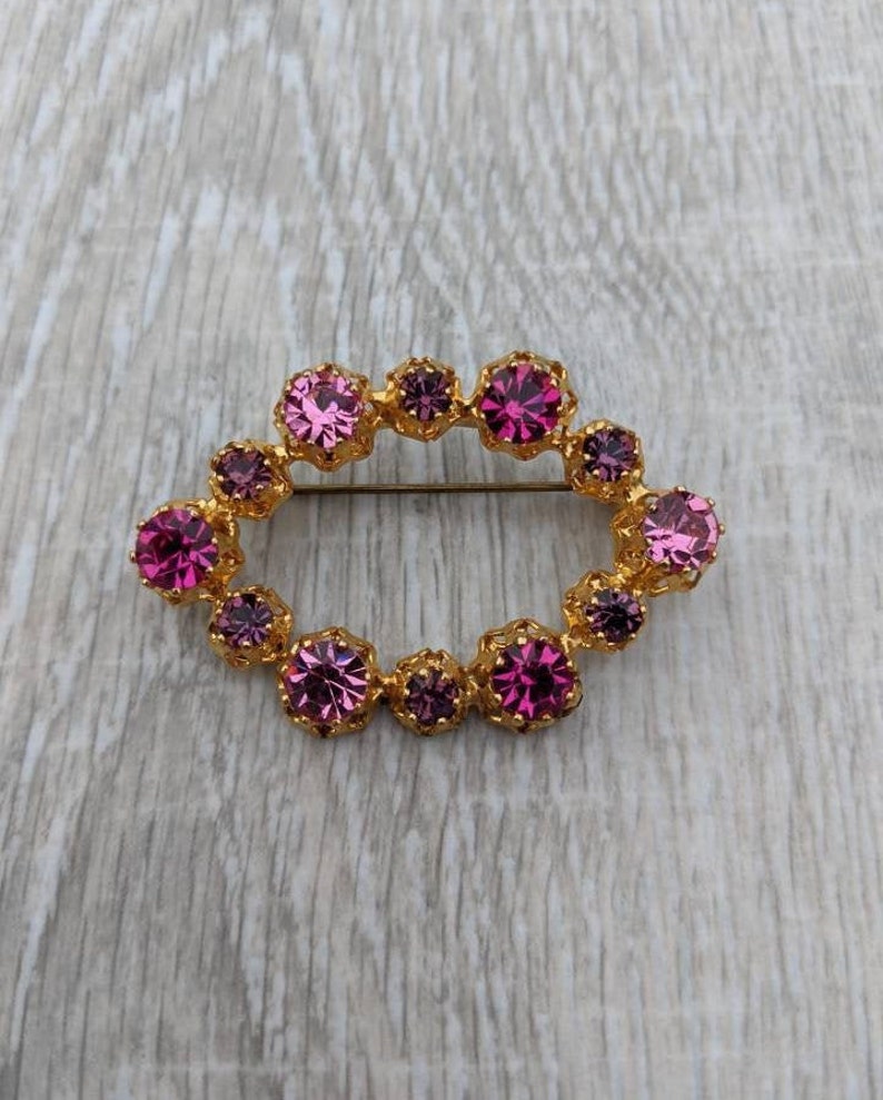 Shades of Pink and Purple Austrian Crystal and Gold Tone Metal Oval or Hexagon Brooch