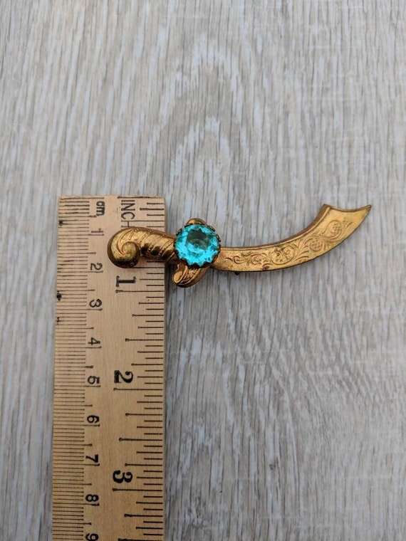 Aqua Rhinestone and Gold Tone Scimitar Brooch - image 3