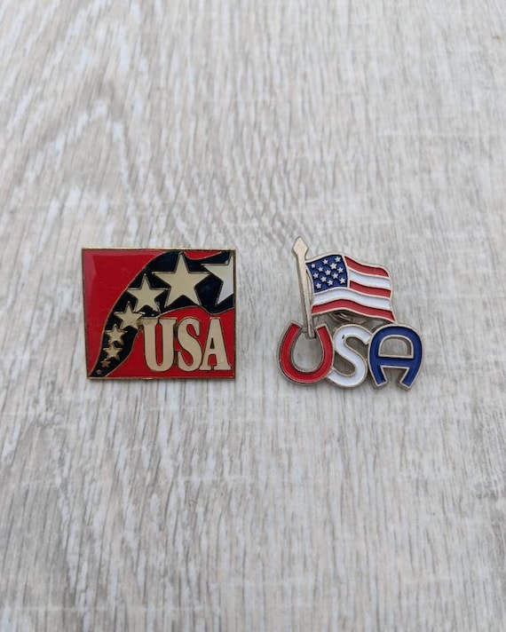 Pair of Red, White, and Blue Enamel and Metal USA… - image 1