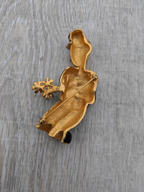 Colorful Enamel and Gold Tone Metal Clown in a Three Piece Suit with a Bouquet of Flowers Brooch View 4
