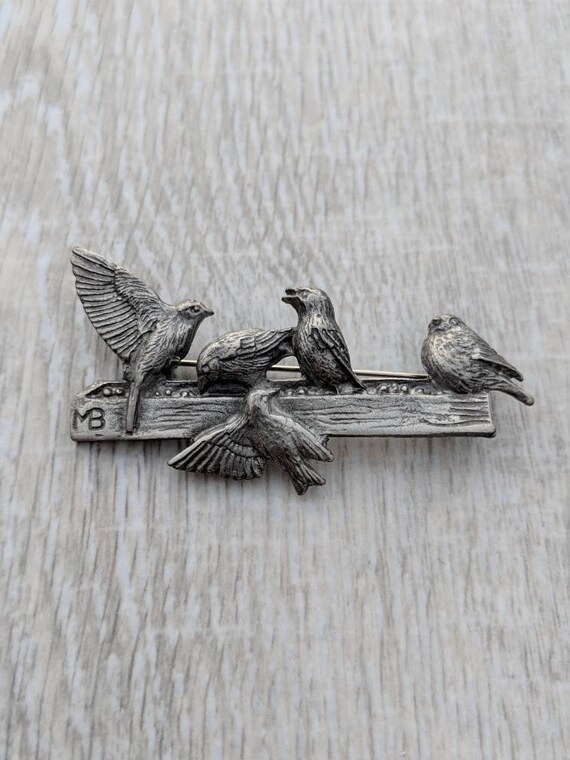Marjolein Bastin Pewter Birds On A Bird Feeder Brooch Etsy