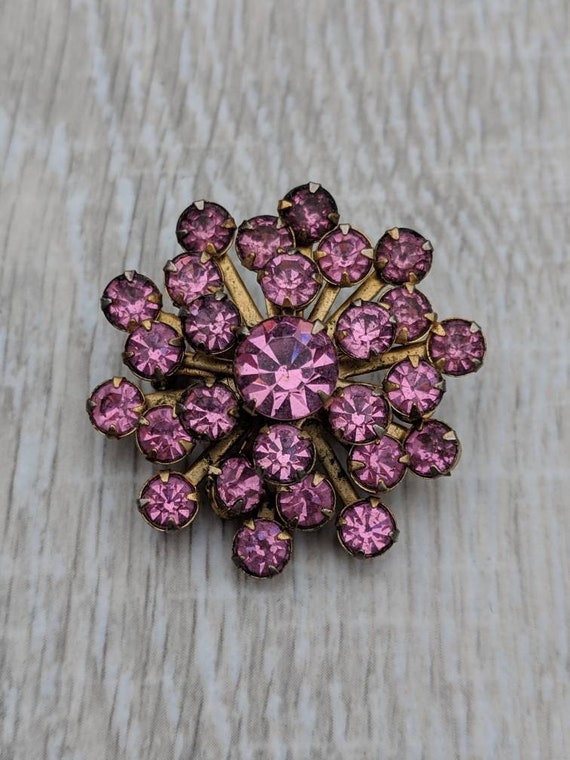 Broche Ancienne Strass Cristal Rose Avec Cabochon - Vintage - Occasion