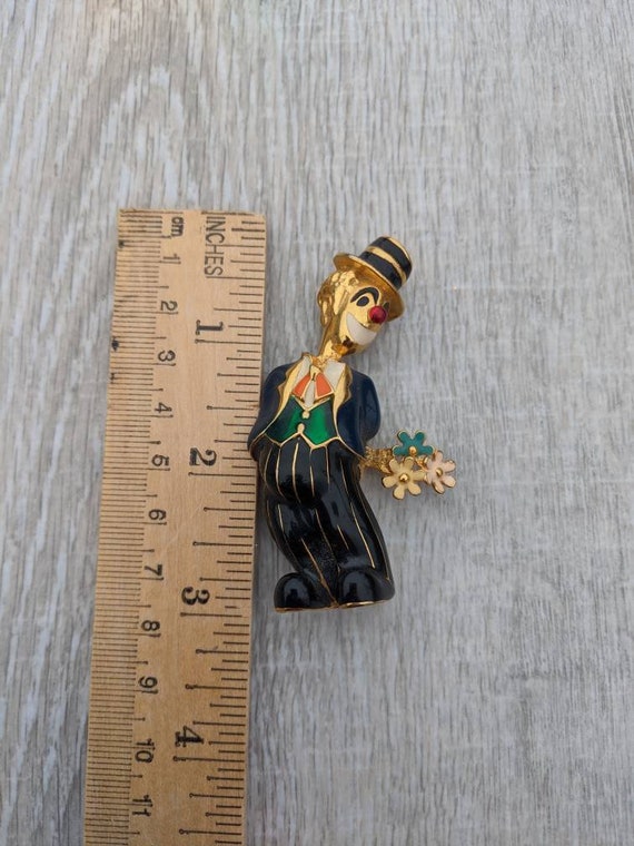 Colorful Enamel and Gold Tone Metal Clown in a Three Piece Suit with a Bouquet of Flowers Brooch View 2