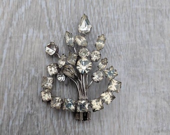 Large Austrian Crystal and Silver Tone Metal Abstract Floral Spray Brooch