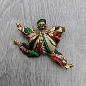 Colorful Enamel and Rhinestone Leaping Clown Brooch