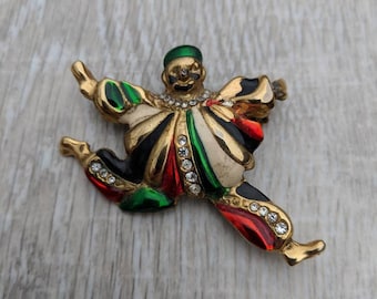 Colorful Enamel and Rhinestone Leaping Clown Brooch