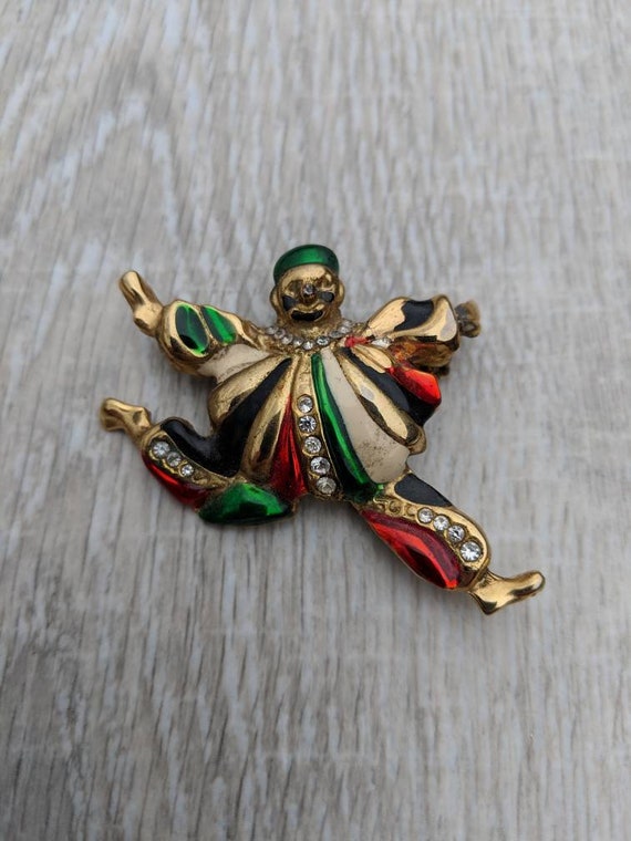 Colorful Enamel and Rhinestone Leaping Clown Brooc