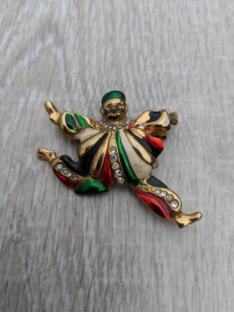 Ton doré, broche clown strass, épingle, pendentif, vintage (U2