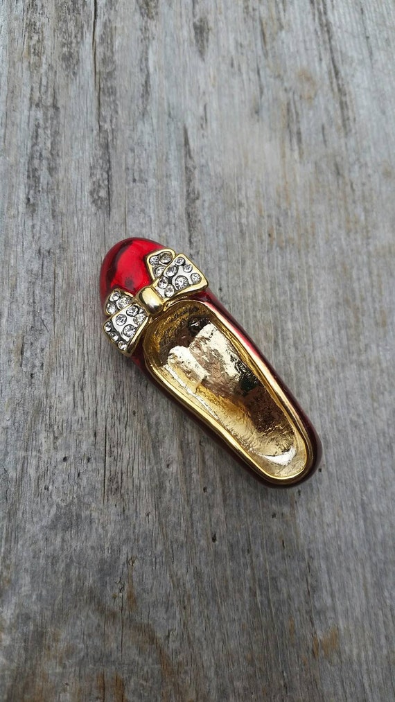 Enamel and Rhinestone Ruby Slipper Brooch - image 1