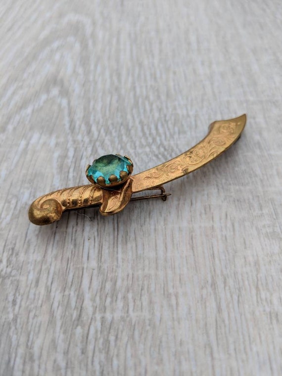 Aqua Rhinestone and Gold Tone Scimitar Brooch - image 8