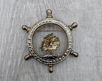 Gold Tone and Silver Tone Ship's Wheel with Ship Trembler Brooch
