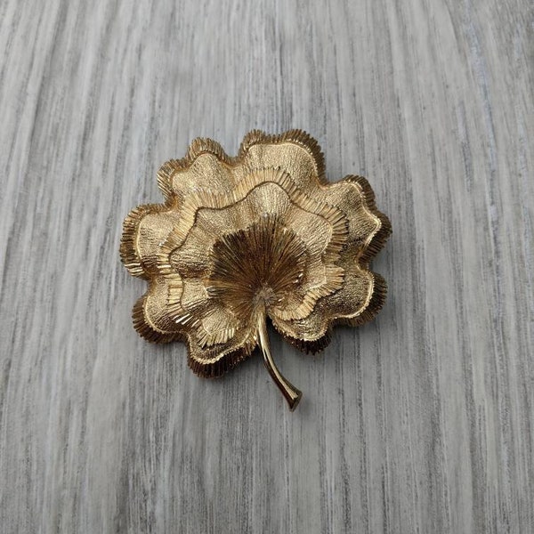 Midcentury Monet Textured Gold Tone Metal Ruffled Leaf Brooch