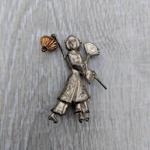 Lang Sterling Silver and Gold Vermeil Japanese Figural Brooch