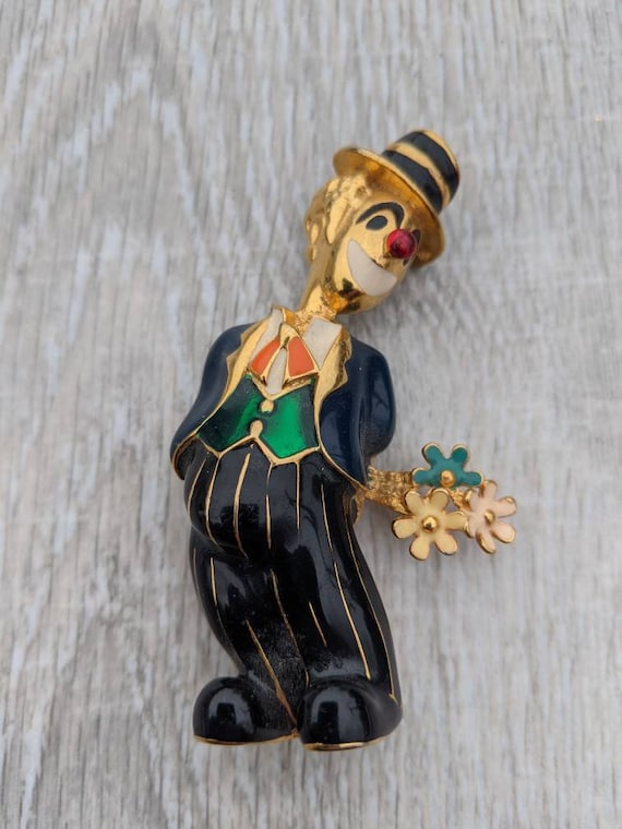 Colorful Enamel and Gold Tone Metal Clown in a Th… - image 9